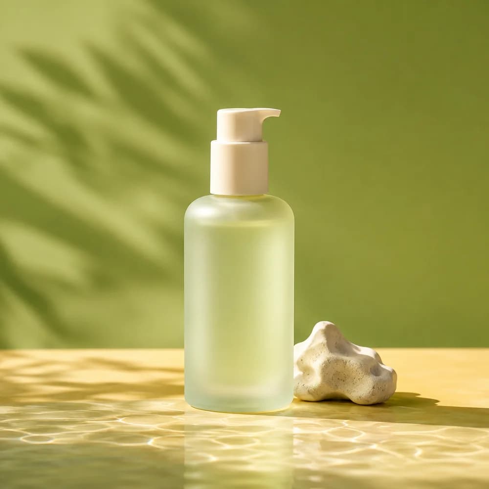 Fictional skincare bottle with sunlit water and a pale stone